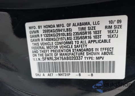 2010 Honda Odyssey Ex-L from USA, damaged, VIN 5FNRL3H76AB020337